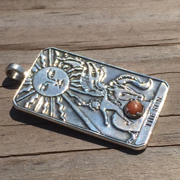 Sun Tarot Card Pendant .925 Sterling Silver w/ genuine Sunstone gem Made in USA - Picture 10 of 16